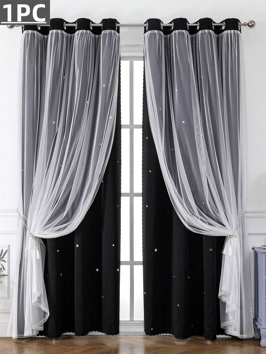 1pc Black Curtain With Starry Pattern, Suitable For Living Room And Bedroom, Made Of Thick Fabric And Sheer Fabric, Light Blocking And Darkening, Perfect For Festival Decoration And Lovely Princess Style