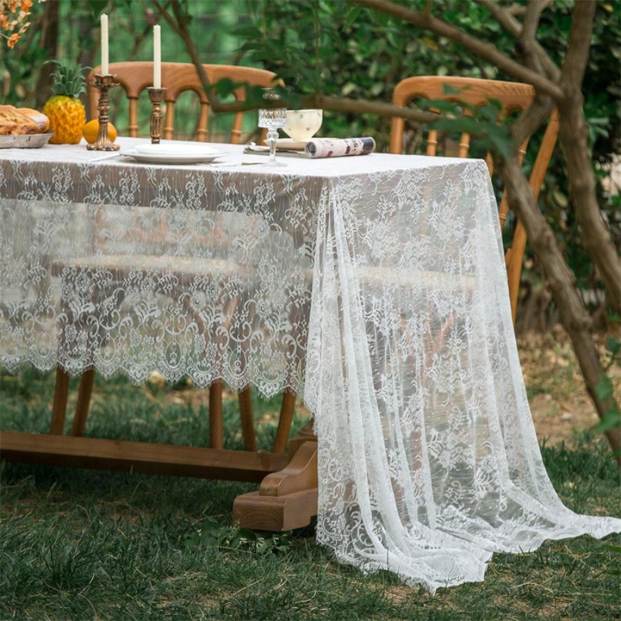 1pc White Lace Party Tablecloth, Wedding Decor Table Cloth, Suitable For Summer Picnic, Valentine's Day, Daily Decoration