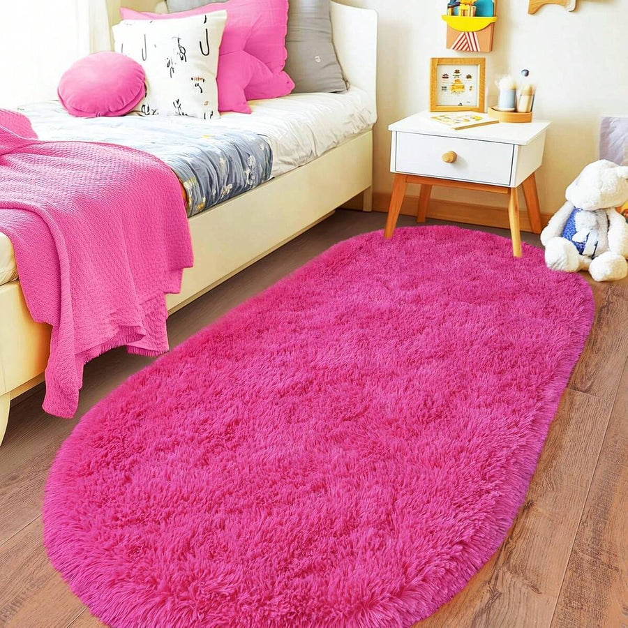 Fluffy Area Rug For Bedroom 2.6x5.3 Feet, Shag Oval Rug For Bedside, Ultra Soft Cute Plush Carpet For Living Room Kids Girls Boys Room Nursery Teens Dorm Home Decor, Hot Pink