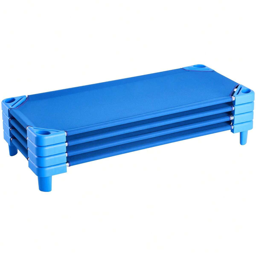 Stackable Kiddie Cot, Pack Of 4, Portable Toddler Nap Cots, Standard Size 52" L X 23" W Daycare Cots For Kids, Preschool Classroom Daycare Beds For Sleeping, Resting, Naptime, Blue
