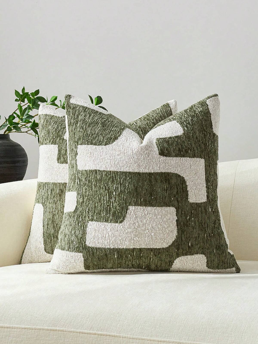 1pc/2pcs Olive Green Geometric Patchwork Pattern Throw Pillow Cover, Modern Fashionable High-Density Jacquard Chenille Square Customized Decorative Cushion Cover, Suitable For Home, Sofa, Bed, Chair, Party, Gift For Friends, All Seasons